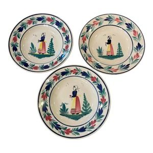 VTG HB Quimper‎ Mistral Blue Lady 3 Lot Soup Cereal 9.25in Bowls Henriot France